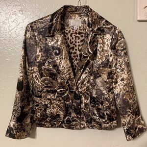 Alberto Makalie Brown Silk Jacket Size 4 Animal Print Floral Pockets Faceted Btn